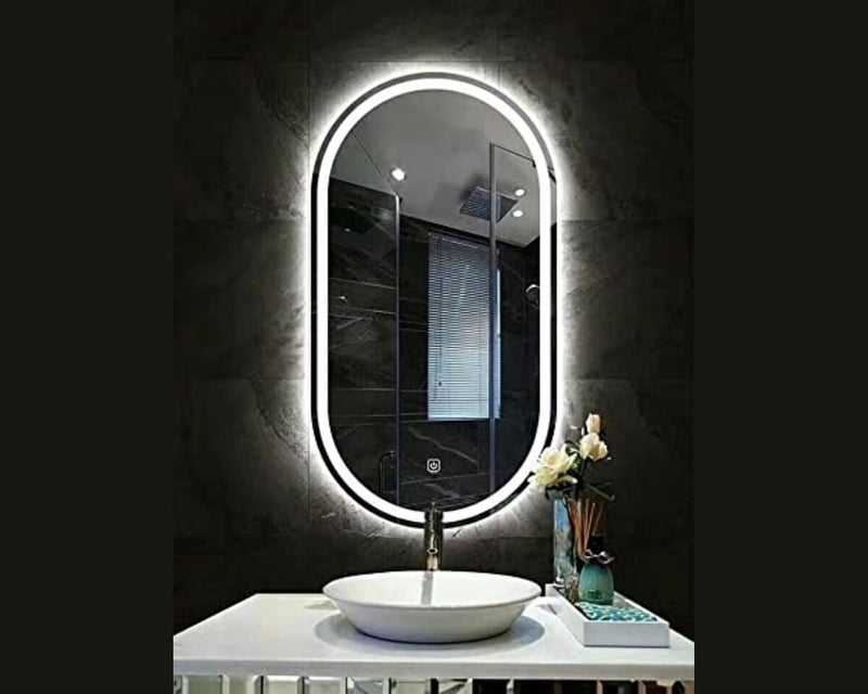 PRINCE ART مرآة LED زجاجية ديكورية للحمام مع مستشعر لمسة 18x24 بوصة بيضاوية DH12 - Image 1