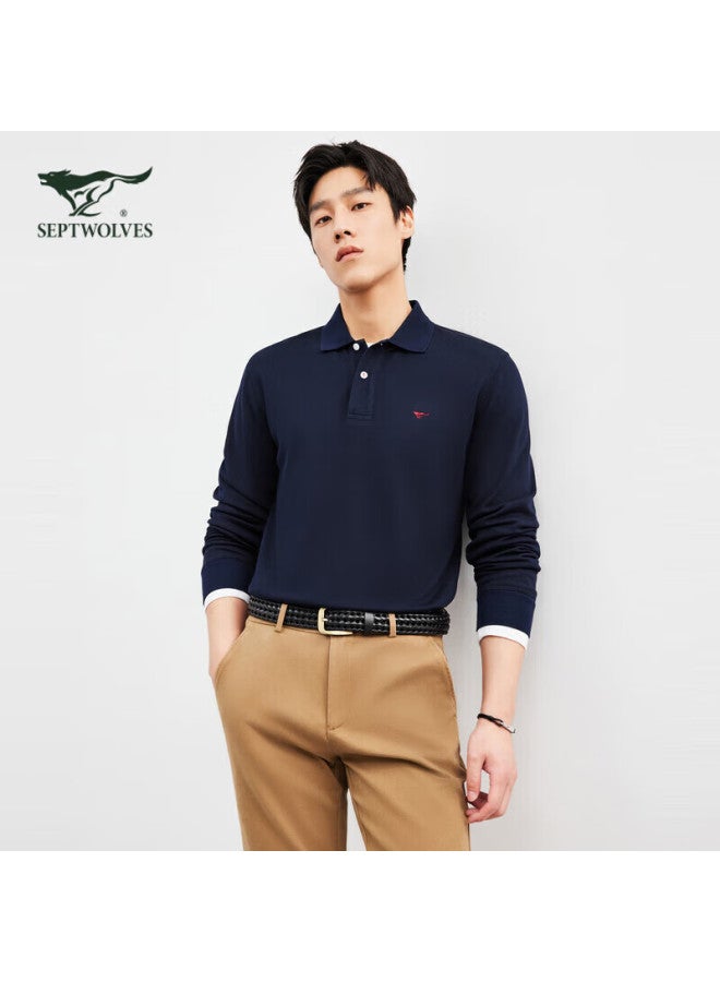 Septwolves Men's Long Sleeve Polo Shirt With Collar, Pure Cotton, Colorful Small Wolf Logo, Business Casual Breathable Polo Top For Men - Image 1