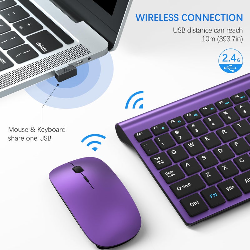 TopMate Wireless Keyboard and Mouse Ultra Slim Combo, TopMate 2.4G Silent Compact USB 2400DPI Mouse and Scissor Switch Keyboard Set with Cover, Batteries Included, for PC/Laptop/Windows/Mac - Purple Black - Image 3