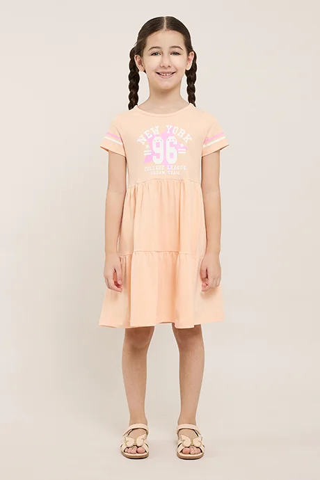أر أند بي Printed Flared Dress Wit Crew Neck and Short Sleeves