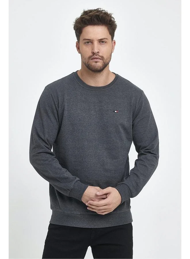 Men's Anthracite Regular Fit Crew Neck Sweatshirt with Embroidered Details