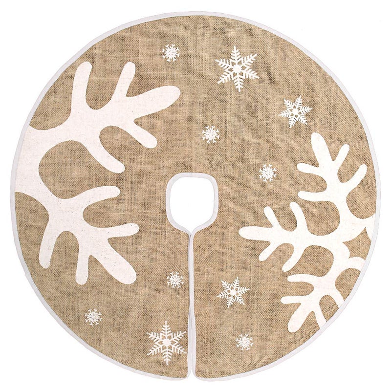 HOHOTIME Burlap Christmas Tree Skirt 30 Inch Tree Skirt Mat with White Snowflake and Elk Antlers Printed Pattern for Holiday Party Xmas Tree Decoration