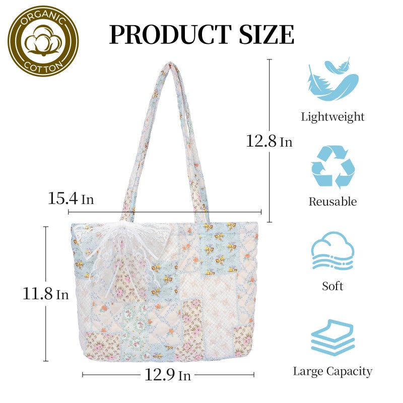 shiprabags Quilted Small Tote Bag for Women, Lightweight Floral Shoulder Bag,Soft College Travel Work Bag Everyday Purse (coloful patchwork, M) - Image 3