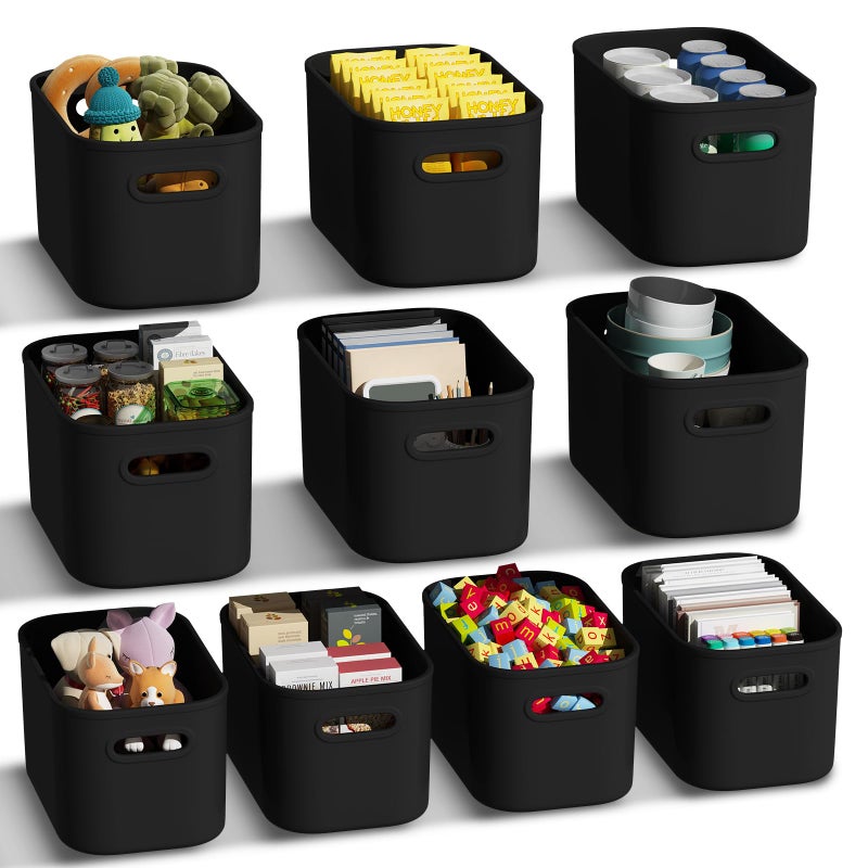 ORGIDOL 10 Pack Black Plastic Storage Bins, Storage Container for Organizing, Storage Boxes with Handle for Shelves, Cute Organizer Bins for Craft, Snacks, Pantry, Cabinet, 9.69x6.7x5.7 inch - Image 1