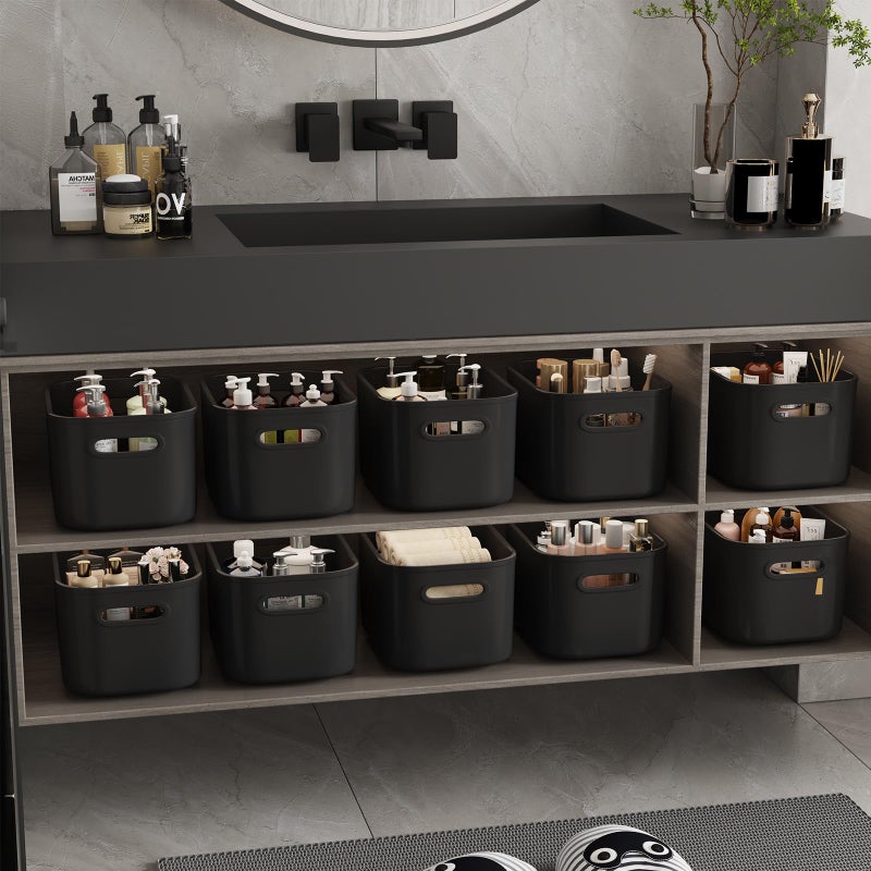 ORGIDOL 10 Pack Black Plastic Storage Bins, Storage Container for Organizing, Storage Boxes with Handle for Shelves, Cute Organizer Bins for Craft, Snacks, Pantry, Cabinet, 9.69x6.7x5.7 inch - Image 4