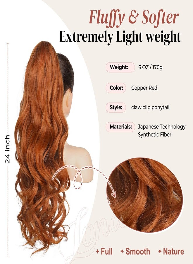 LONAI Claw Clip Ponytail Extension for Women 24 Inch Curly Wavy Ponytails Extensions Clip in Ponytail Hair Extensions Pony Tail Clip on Ponytails Hair Piece (Copper Red) - Image 2
