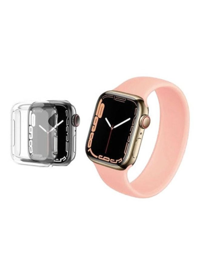 Generic - 2-Pack Solo Loop Band Silicone Elastic Strap and Case for Apple Watch Series 7 45mm Medium Size Pink Sand - Image 1