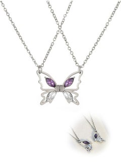 Rhinestone Butterfly Pendant Friendship Necklace, Dainty BFF Stainless Steel Anti Fading Metal Necklace Set, Matching Friends Necklace Jewelry Gift (Silver)