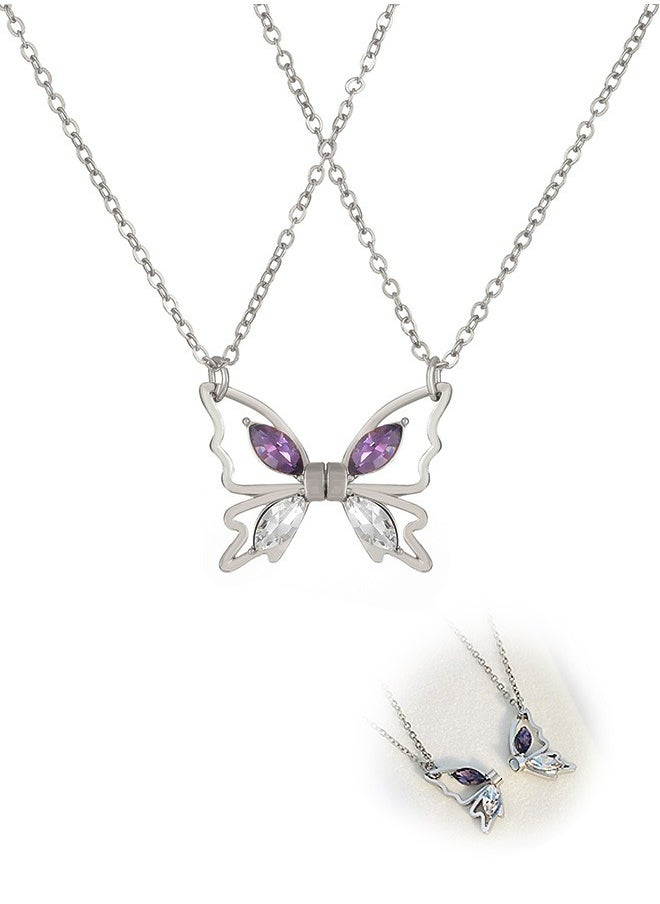 Generic - Rhinestone Butterfly Pendant Friendship Necklace, Dainty BFF Stainless Steel Anti Fading Metal Necklace Set, Matching Friends Necklace Jewelry Gift (Silver) - Image 1
