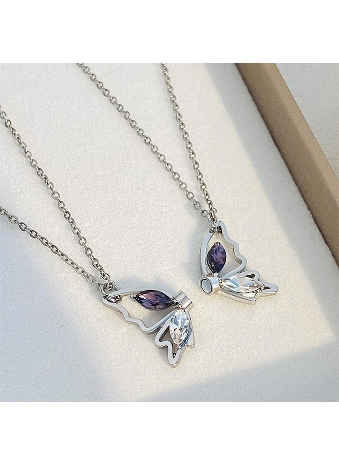 Generic - Rhinestone Butterfly Pendant Friendship Necklace, Dainty BFF Stainless Steel Anti Fading Metal Necklace Set, Matching Friends Necklace Jewelry Gift (Silver) - Image 1