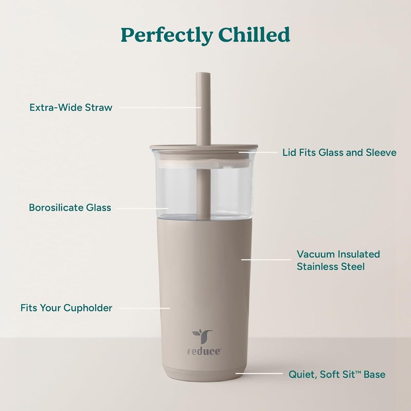 Reduce Aspen 20 oz Vacuum Insulated Glass Tumbler with Lid & Extra Wide Straw - Keeps Drinks Cold for 12 Hrs - Ideal for Iced Coffee, Smoothies & Boba - Dishwasher Safe, Soft Base - Sand - Image 2
