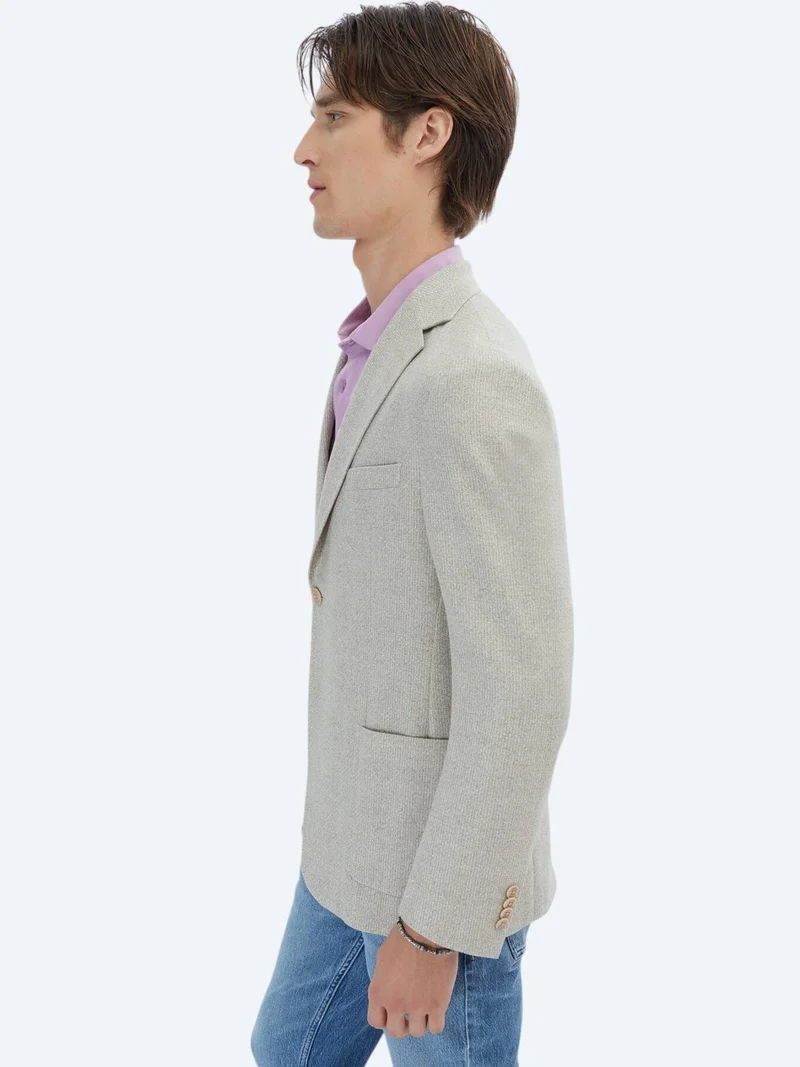 Kip Light Khaki Patterned Modern Fit Linen Blended Jacket
