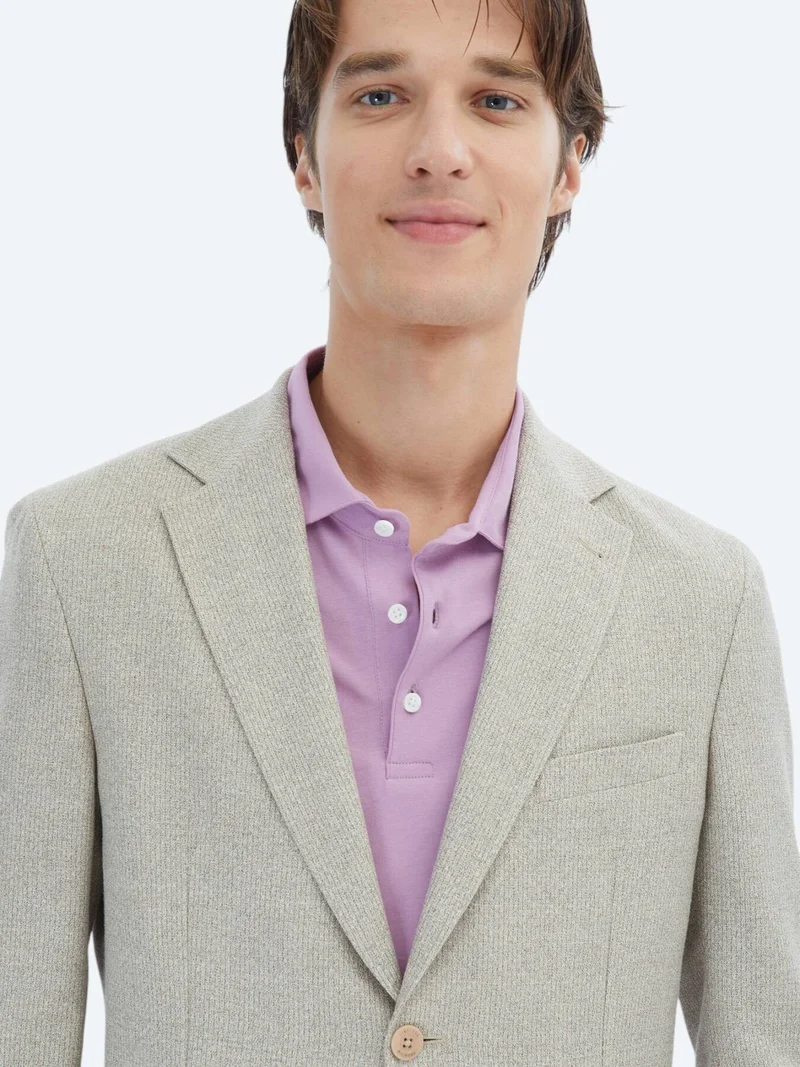 Kip Light Khaki Patterned Modern Fit Linen Blended Jacket