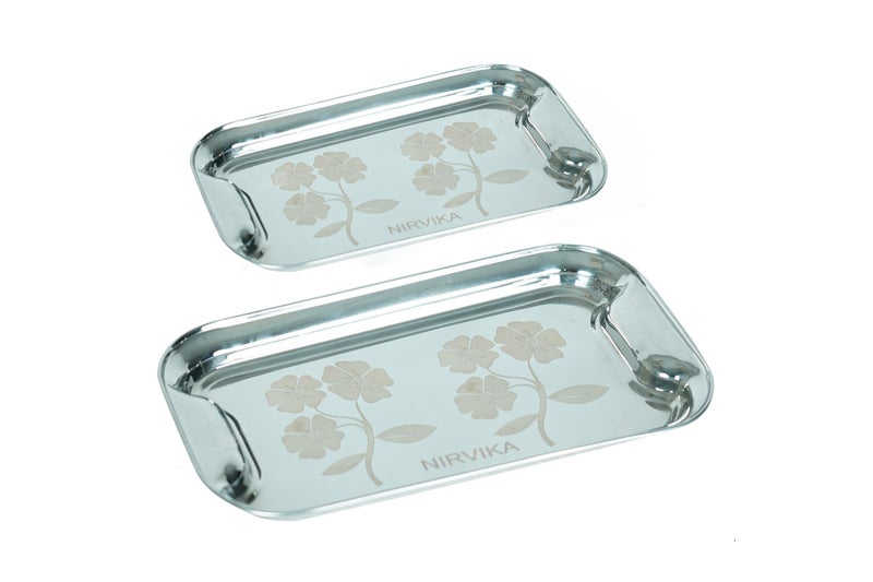Nirvika Stainless Steel Serving Tray/Lemon Platter Dish with Steel Finish, Rectangular Multipurpose Tray, Set of 2 - Image 1
