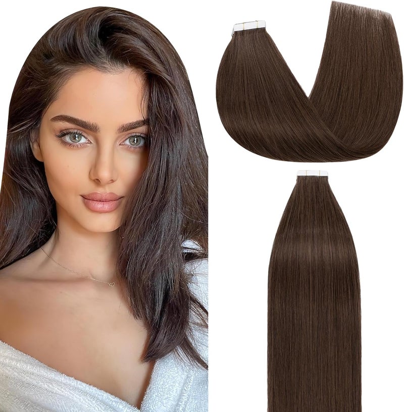 Rich Choices Tape Hair Extensions Real Human Hair 10 pcs Straight Remy Hair Invisible Tape Extensions 4 Medium Brown Seamless Silky Weft 16 Inch 25g