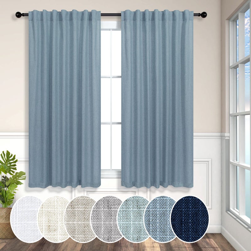 Pitalk Country Blue Curtains 54 Inch Length for Bathroom 2 Panels Pocket Tab Loops Light Reducing Semi Privacy Energy Efficient Linen Sheer Vintage Blue Curtains for Boys Bedroom Chambray Blue Dusty - Image 1