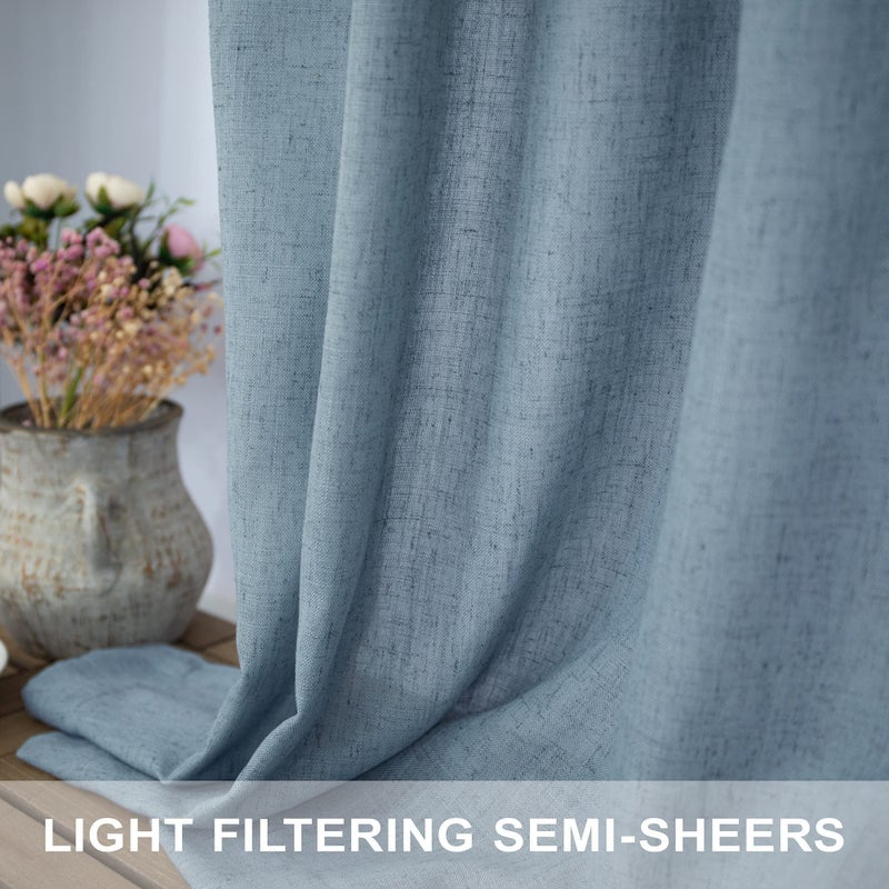 Pitalk Country Blue Curtains 54 Inch Length for Bathroom 2 Panels Pocket Tab Loops Light Reducing Semi Privacy Energy Efficient Linen Sheer Vintage Blue Curtains for Boys Bedroom Chambray Blue Dusty - Image 4