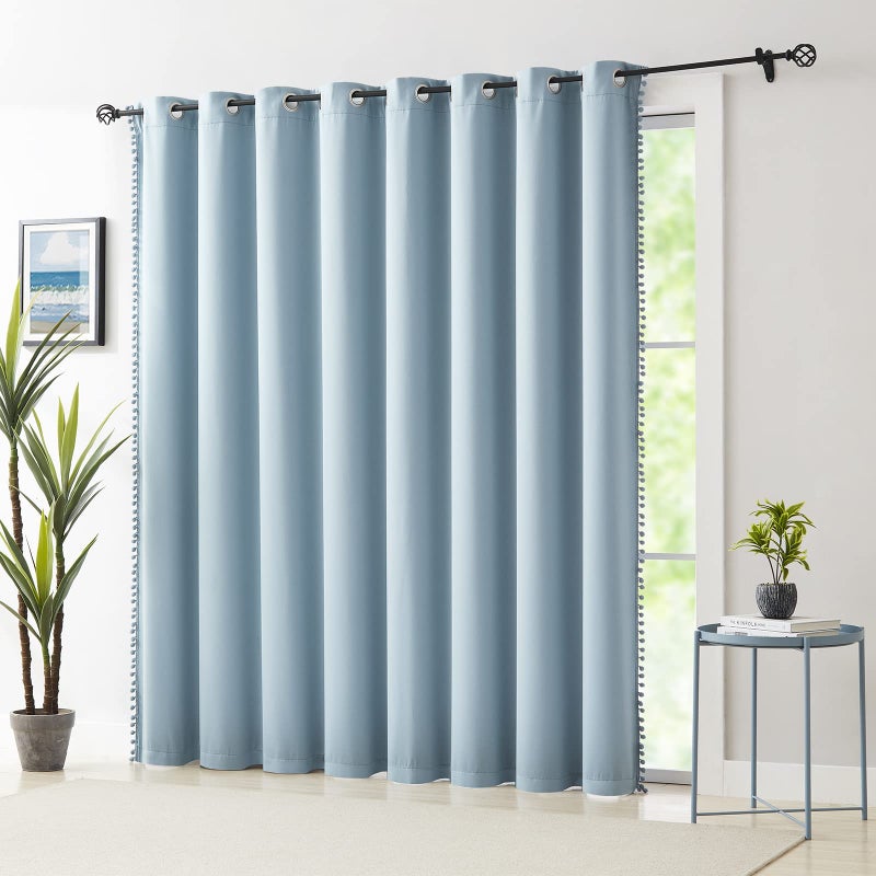 Treatmentex 100% Blackout Curtain Blue Sliding Door Curtains Pom Pom Glass Door Curtains for Living Room Energy Efficient Thermal Patio Door Curtains Drapes Extra Wide Grommet Curtains 1pc 100x84 Light Blue - Image 1