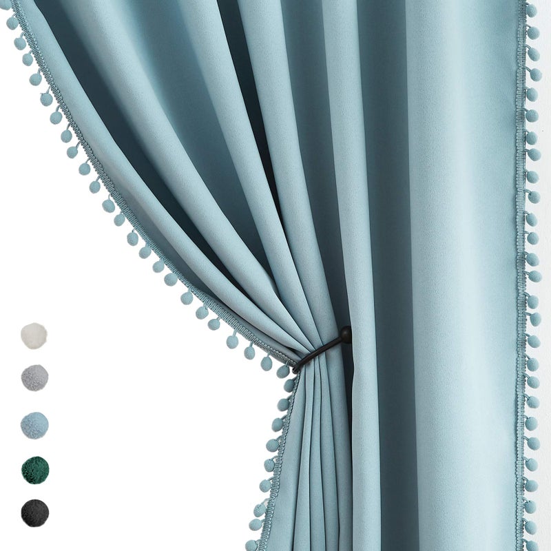 Treatmentex 100% Blackout Curtain Blue Sliding Door Curtains Pom Pom Glass Door Curtains for Living Room Energy Efficient Thermal Patio Door Curtains Drapes Extra Wide Grommet Curtains 1pc 100x84 Light Blue - Image 2