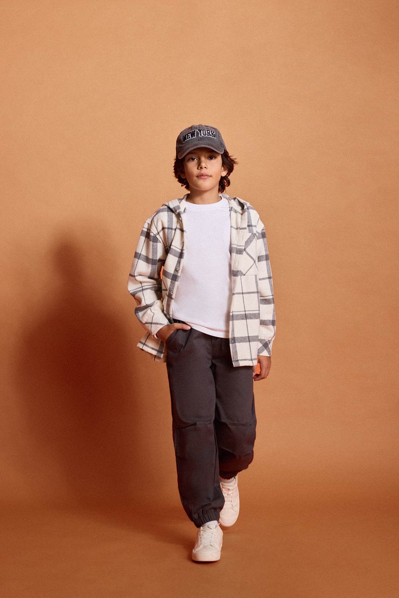 DeFacto Beige Boy Boy Hooded Plaid Shirt Trousers 2 Piece Set Casual - Image 1