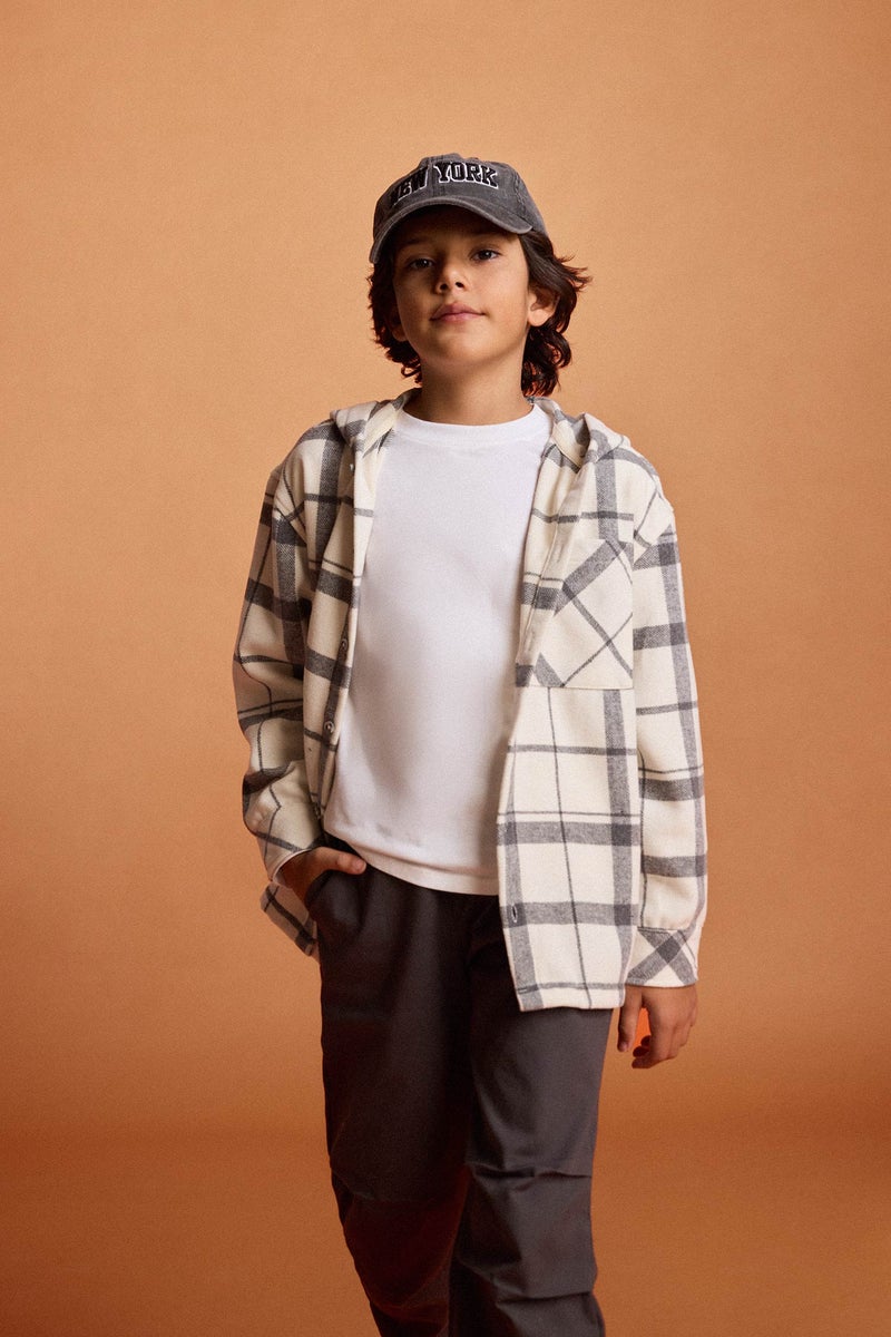 DeFacto Beige Boy Boy Hooded Plaid Shirt Trousers 2 Piece Set Casual - Image 2