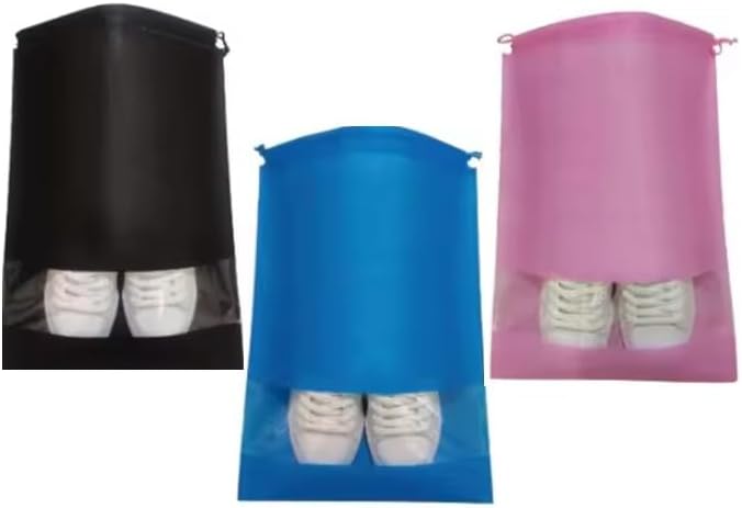 SPLANDIN Shoe Bags for Travel, Packing, Storage, Organizing & Suitcase (12 Pack). Reusable Dustproof & Water Resistant Sneakers Pouch Protectors with Clear Window & Drawstrings., Pink , Azure Blue, Black, 17.3 - Image 1