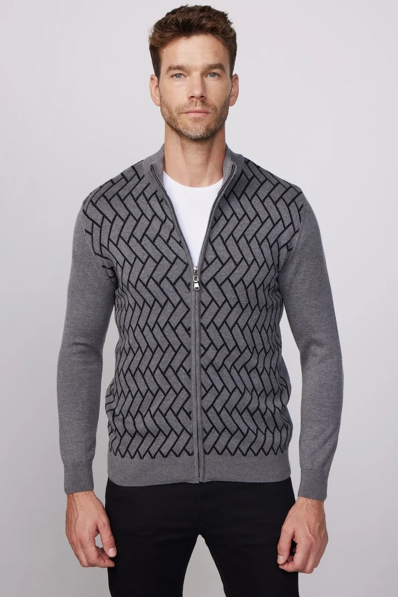 Tudors Men's Slim Fit Slim Cut Half Turtleneck Zippered Front Patterned Grey-Black Cardigan