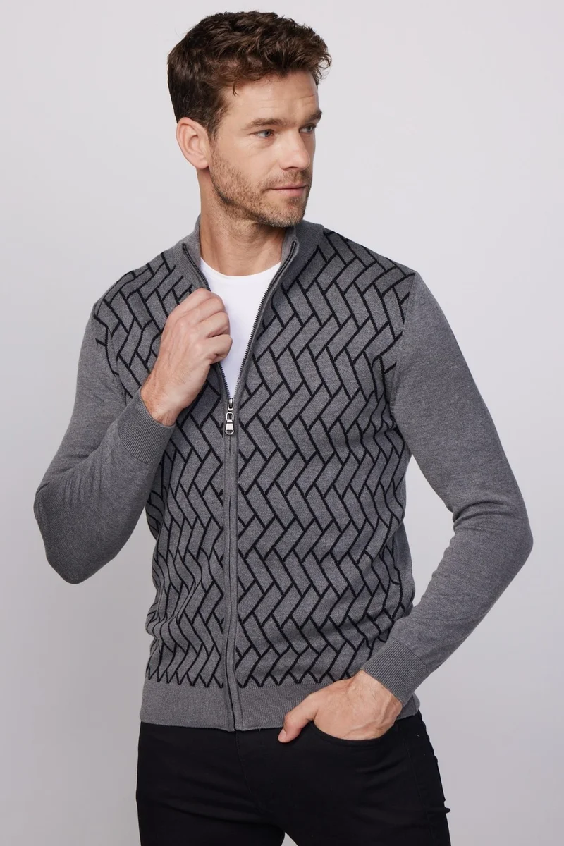 Tudors Men's Slim Fit Slim Cut Half Turtleneck Zippered Front Patterned Grey-Black Cardigan