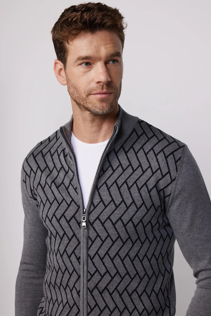 Tudors Men's Slim Fit Slim Cut Half Turtleneck Zippered Front Patterned Grey-Black Cardigan