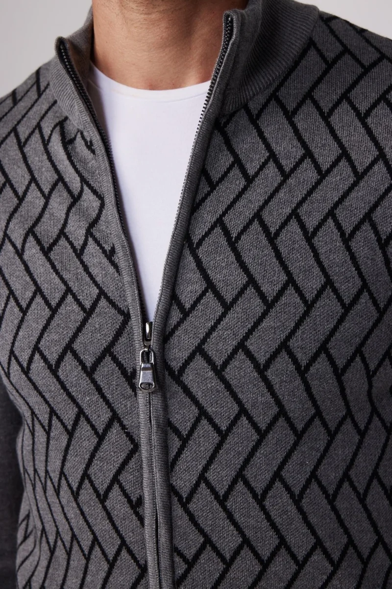 Tudors Men's Slim Fit Slim Cut Half Turtleneck Zippered Front Patterned Grey-Black Cardigan