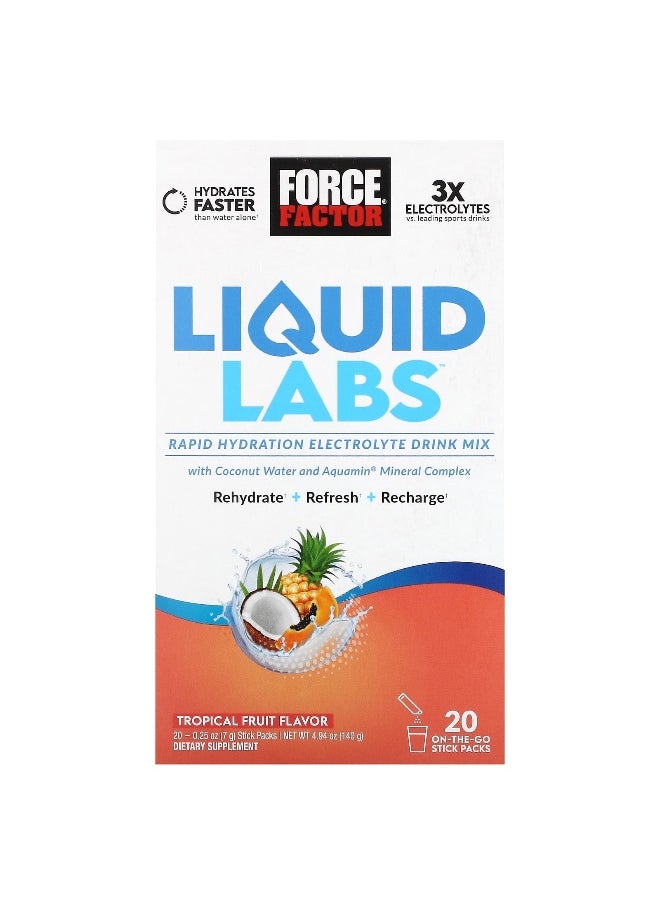Force Factor Force Factor, Liquid Labs™, Rapid Hydration Electrolyte Drink Mix, Tropical Fruit, 20 Stick Packs, 0.25 oz (7 g) Each  - Image 1