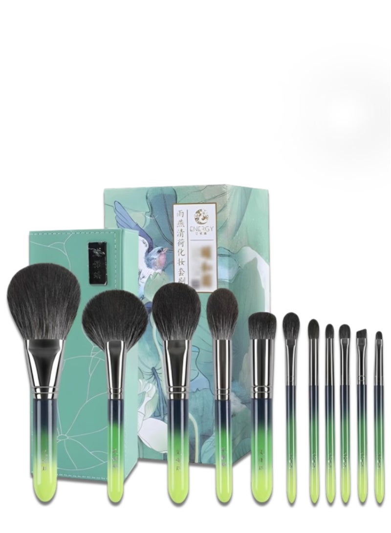 إينرجي مجموعة فرش مكياج ENERGY Emerald Glow من 11 قطعة مع علبة مزخرفة - شعيرات صناعية ناعمة للوجه والعينين - Image 3