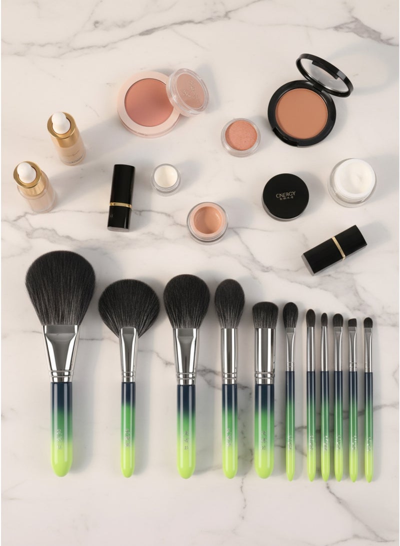 إينرجي مجموعة فرش مكياج ENERGY Emerald Glow من 11 قطعة مع علبة مزخرفة - شعيرات صناعية ناعمة للوجه والعينين - Image 2