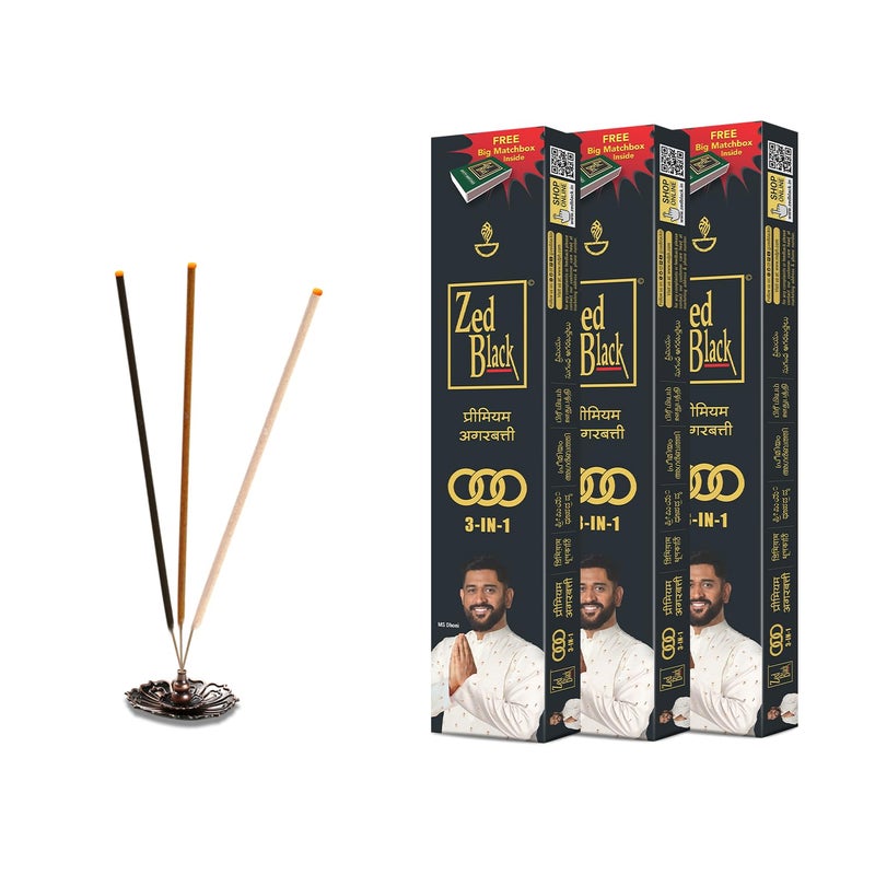 Zed Black Incense Sticks 3-in-1 Pack of 3 Agarbatti Stick Nature Inspired Fragrances for Puja, Meditation, Refreshing Ambience - Free Grand Matchbox Inside - Image 2