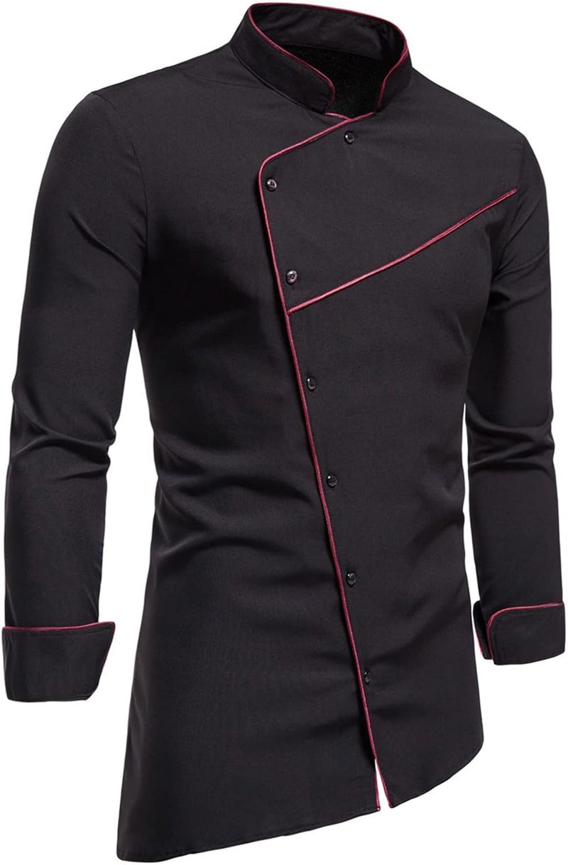 cheekyglo Men Stand Collar Button Down Long Sleeve Shirt Solid Slim Fit Dress Shirt Casual Business Formal Shirt Irregular Hem - Image 1