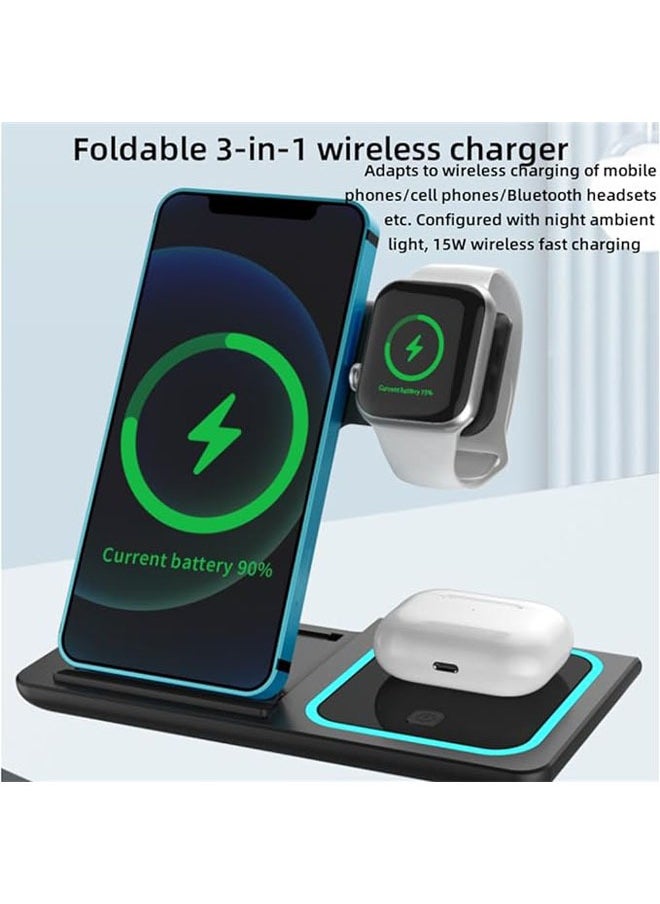 Generic - 3-in-1 Wireless Charging Station – Fast Charging, Multi-Device, Apple Watch, iPhone Devices, Samsung Devices, Huawei Devices, Watch Compatible Wireless Charger, Black - Image 1