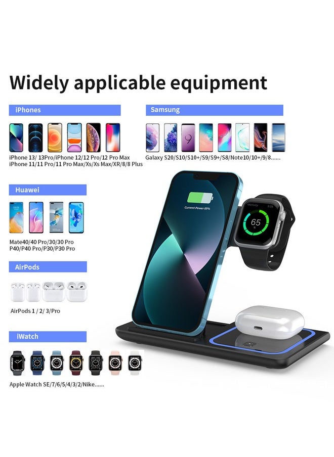 Generic - 3-in-1 Wireless Charging Station – Fast Charging, Multi-Device, Apple Watch, iPhone Devices, Samsung Devices, Huawei Devices, Watch Compatible Wireless Charger, Black - Image 1