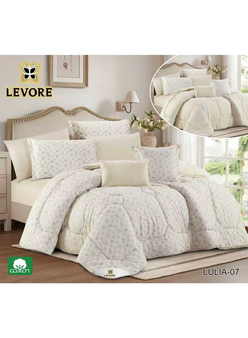 LEVORE 8-piece bedspread set, 100% soft cotton, floral pattern, double-sided, summer style, with filling and fastener, suitable for a 200x200 bed.