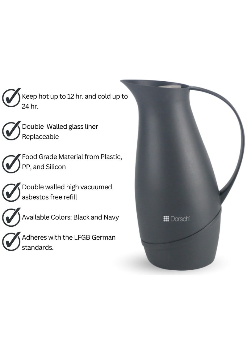Dorsch Danish Design Vacuum Jug - 1L Premium Double-Walled Glass Liner, BPA-Free, Insulated Rubber Handle, Leakproof Lid - Ergonomic, Sleek Design - Keeps Hot for 12 Hours & Cold for 24 Hours - Perfect for Tea, Coffee, Water (Navy)  - Image 2