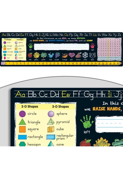 24Pk Chalkboard-Style Grades K-2 Self-Adhesive Deluxe Plastic Desktop Reference Nameplate With A Number Line, Alphabet Letters, 2-D And 3-D Shapes, Colors, Left And Right, 120 Grid