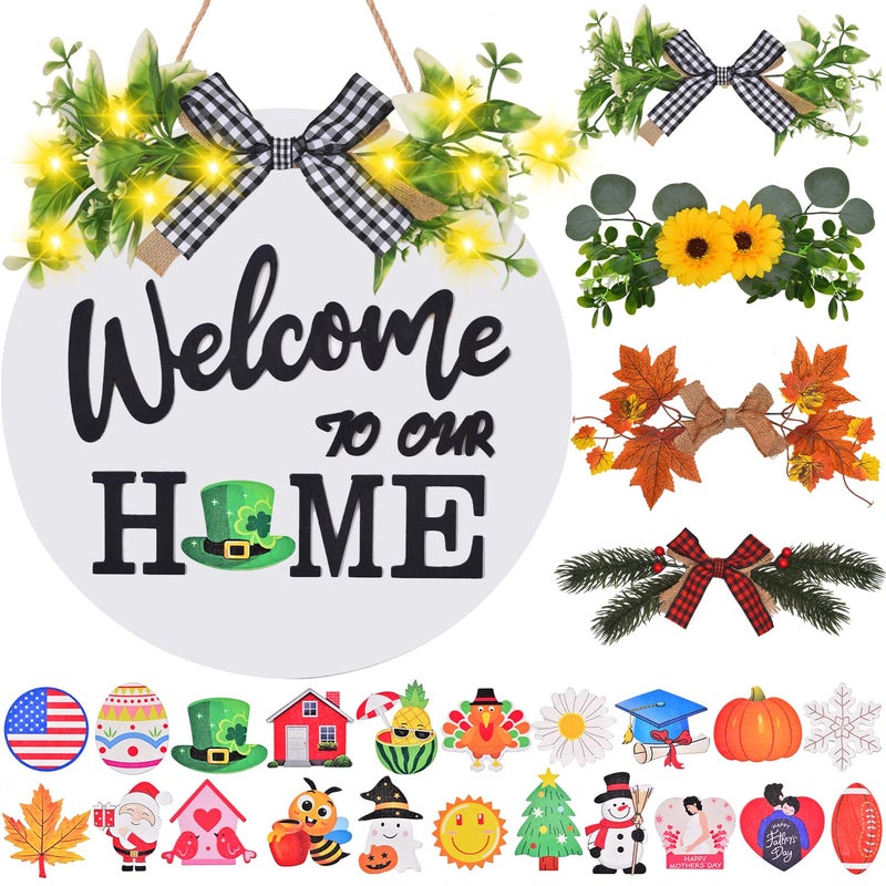IDATOO Interchangeable Welcome Home Sign, Front Door Decor With 4 Seasonal Wreaths and 21 Changeable Icons, Rustic Wood Wall Porch Hanger for Holiday Halloween Christmas Housewarming Gift (White) - Image 1