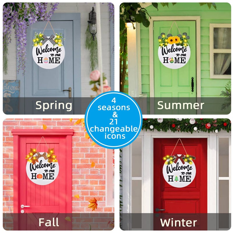 IDATOO Interchangeable Welcome Home Sign, Front Door Decor With 4 Seasonal Wreaths and 21 Changeable Icons, Rustic Wood Wall Porch Hanger for Holiday Halloween Christmas Housewarming Gift (White) - Image 2