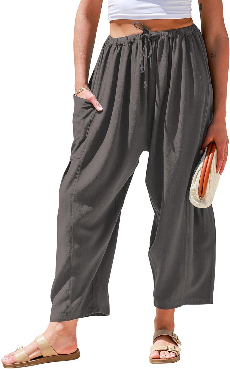 TARSE Womens Plus Size Linen Wide Leg Pants Casual Loose Drawstring Low Waist Beach Palazzo Harem Pants with Pockets(Darkgray,XXL) - Image 1