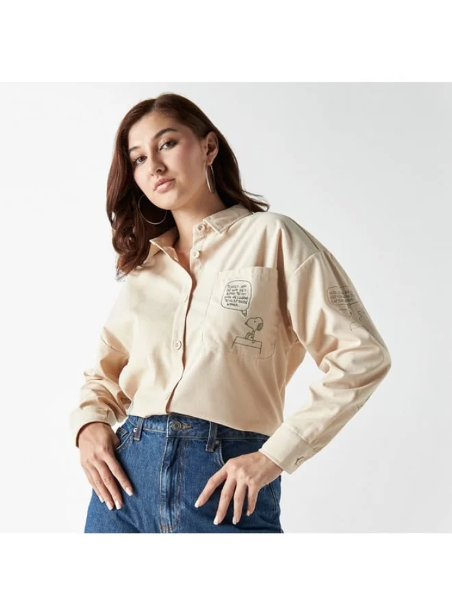 SP Characters Peanuts Print Shirt with Pocket and Drop Shoulder Sleeves