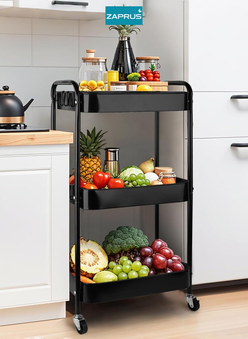 Zaprus 3-Tier Storage Trolley with Wheels, Carbon Steel Utility Cart with 4 Hooks & 3 Hanging Cups, Heavy-Duty Rolling Organizer for Kitchen, Bathroom, Office – 43×30×78 cm - Image 5
