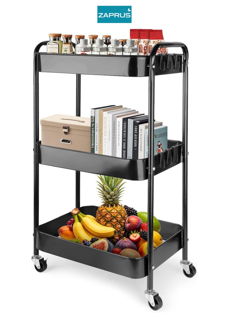 Zaprus 3-Tier Storage Trolley with Wheels, Carbon Steel Utility Cart with 4 Hooks & 3 Hanging Cups, Heavy-Duty Rolling Organizer for Kitchen, Bathroom, Office – 43×30×78 cm - Image 3
