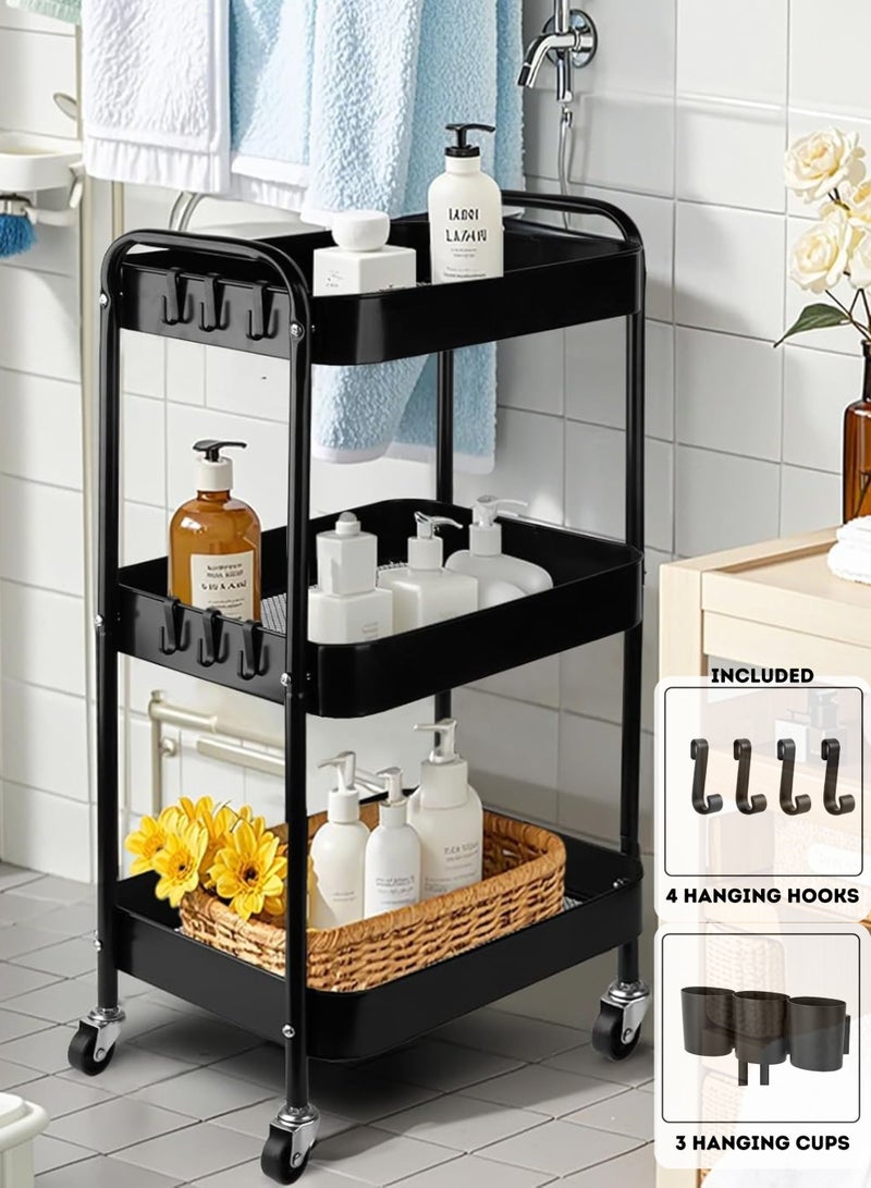 Zaprus 3-Tier Storage Trolley with Wheels, Carbon Steel Utility Cart with 4 Hooks & 3 Hanging Cups, Heavy-Duty Rolling Organizer for Kitchen, Bathroom, Office – 43×30×78 cm - Image 1