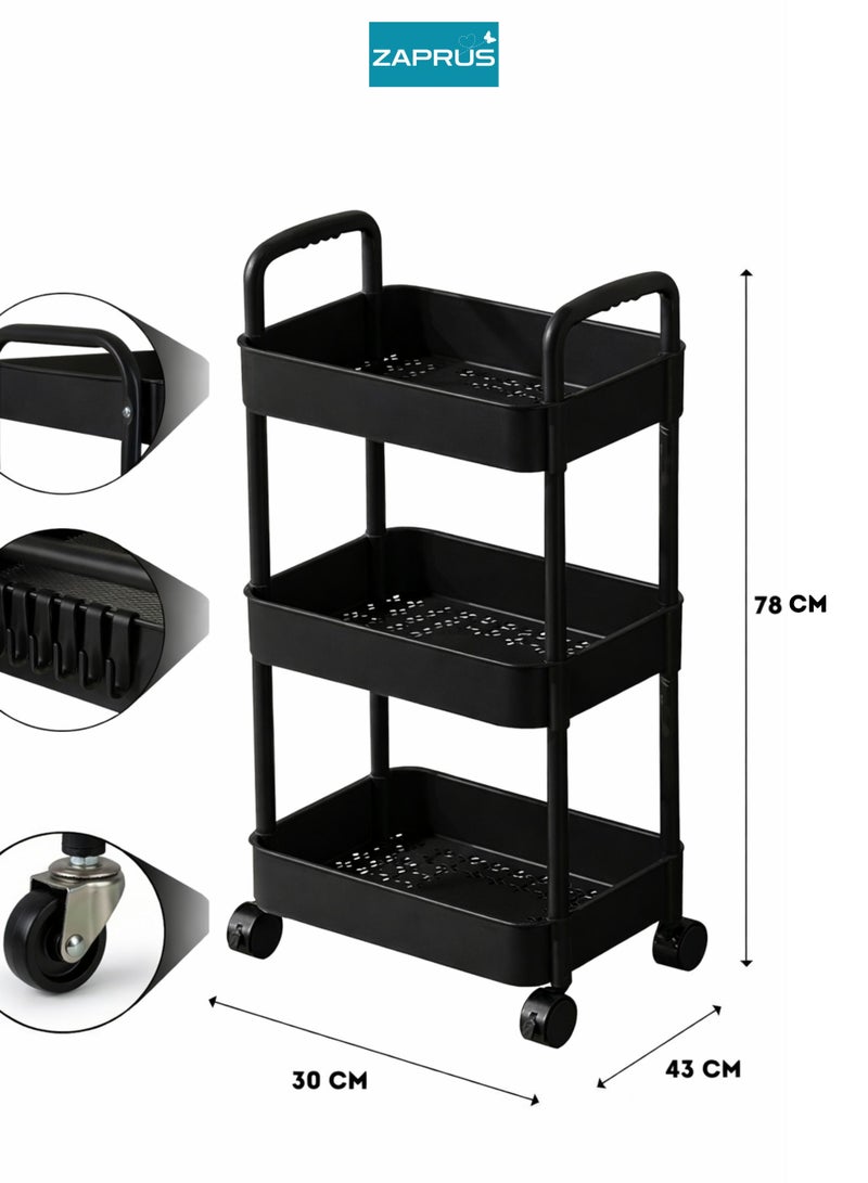 Zaprus 3-Tier Storage Trolley with Wheels, Carbon Steel Utility Cart with 4 Hooks & 3 Hanging Cups, Heavy-Duty Rolling Organizer for Kitchen, Bathroom, Office – 43×30×78 cm - Image 2