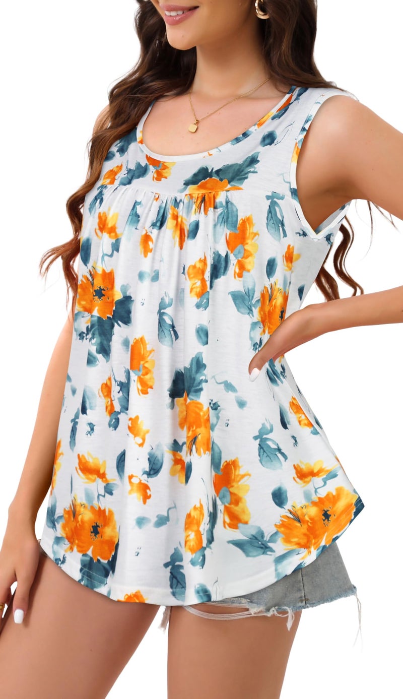 CHICGAL Womens Tank Tops Summer Basic Sleeveless Blouse Crewneck Casual Loose Fit Tunic Shirts(Orange Flower,XL) - Image 5