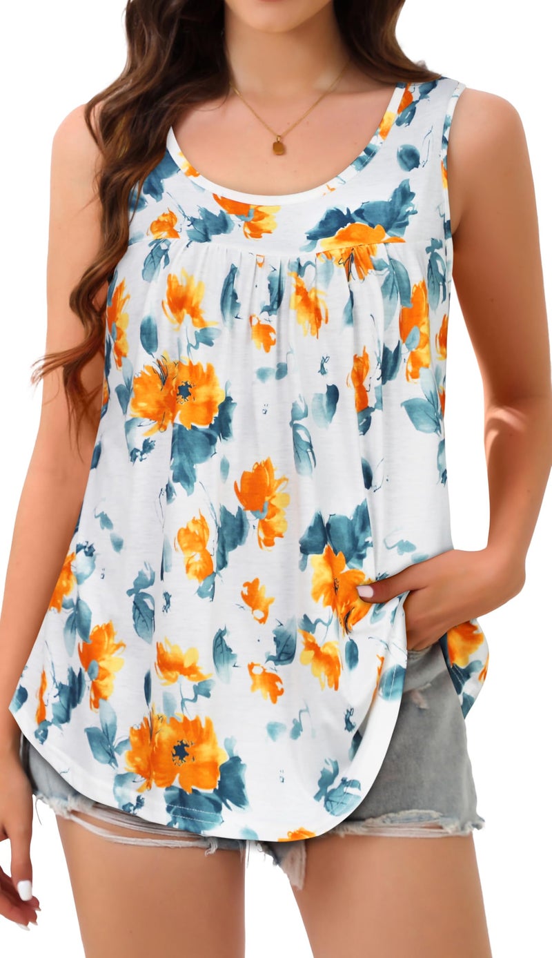 CHICGAL Womens Tank Tops Summer Basic Sleeveless Blouse Crewneck Casual Loose Fit Tunic Shirts(Orange Flower,XL) - Image 2